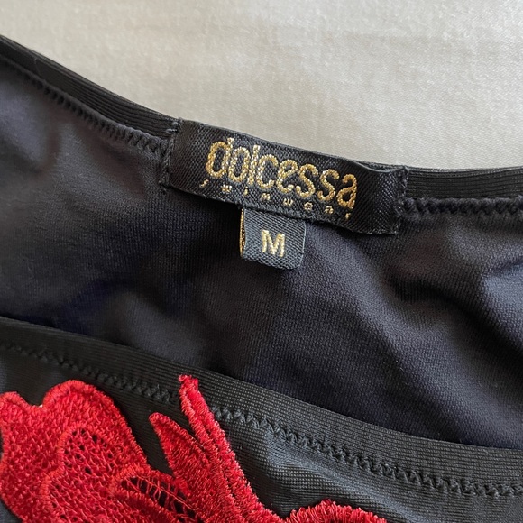 Dolecessa Swimwear | Red Rose Embroidered Black String Bikini, Size Medium - Picture 5 of 6